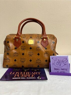MCM Brown Visetos Logo Satchel with Cognac Leather Trim